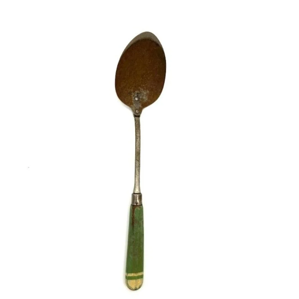 Vintage A&J Green Wood Handle Serving Spoon Primitive Kitchen Utensil 11.5